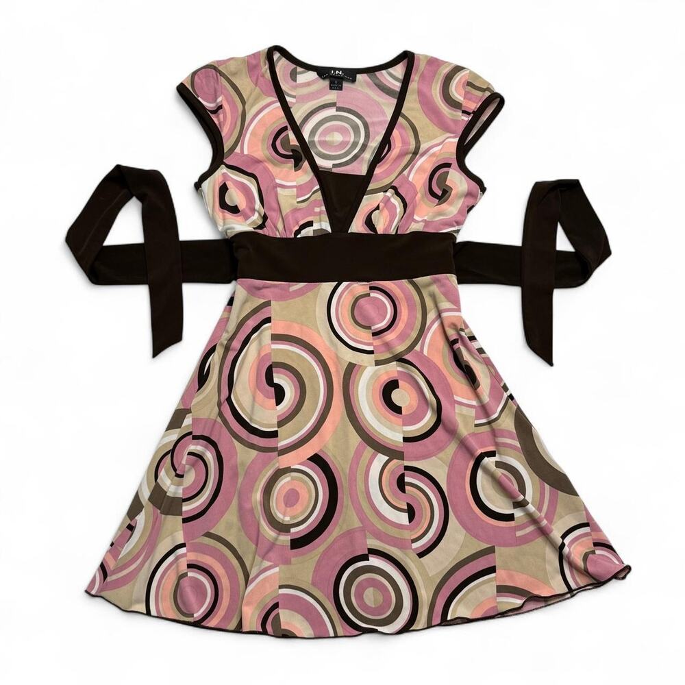 Y2K I.N. San Francisco Brown Pink Spiral Print Belted Tie back baby doll small